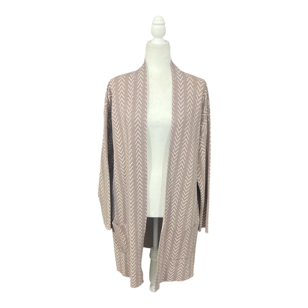 bohme Cardigan Women M/L Mauve Chevron Open Front Knit Pocket Boho Quiet Luxury